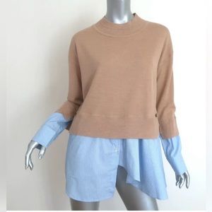 VERONICA BEARD MIXED MEDIA SWEATER BERI CAMEL WOOL & BLUE STRIPED SIZE MEDIUM